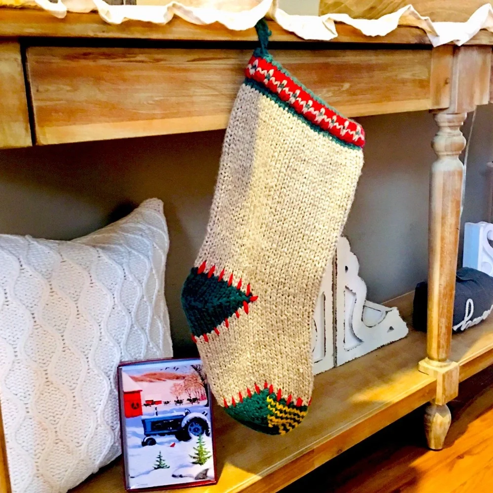 Vintage knit crochet Christmas stocking and farmhouse winter cards set